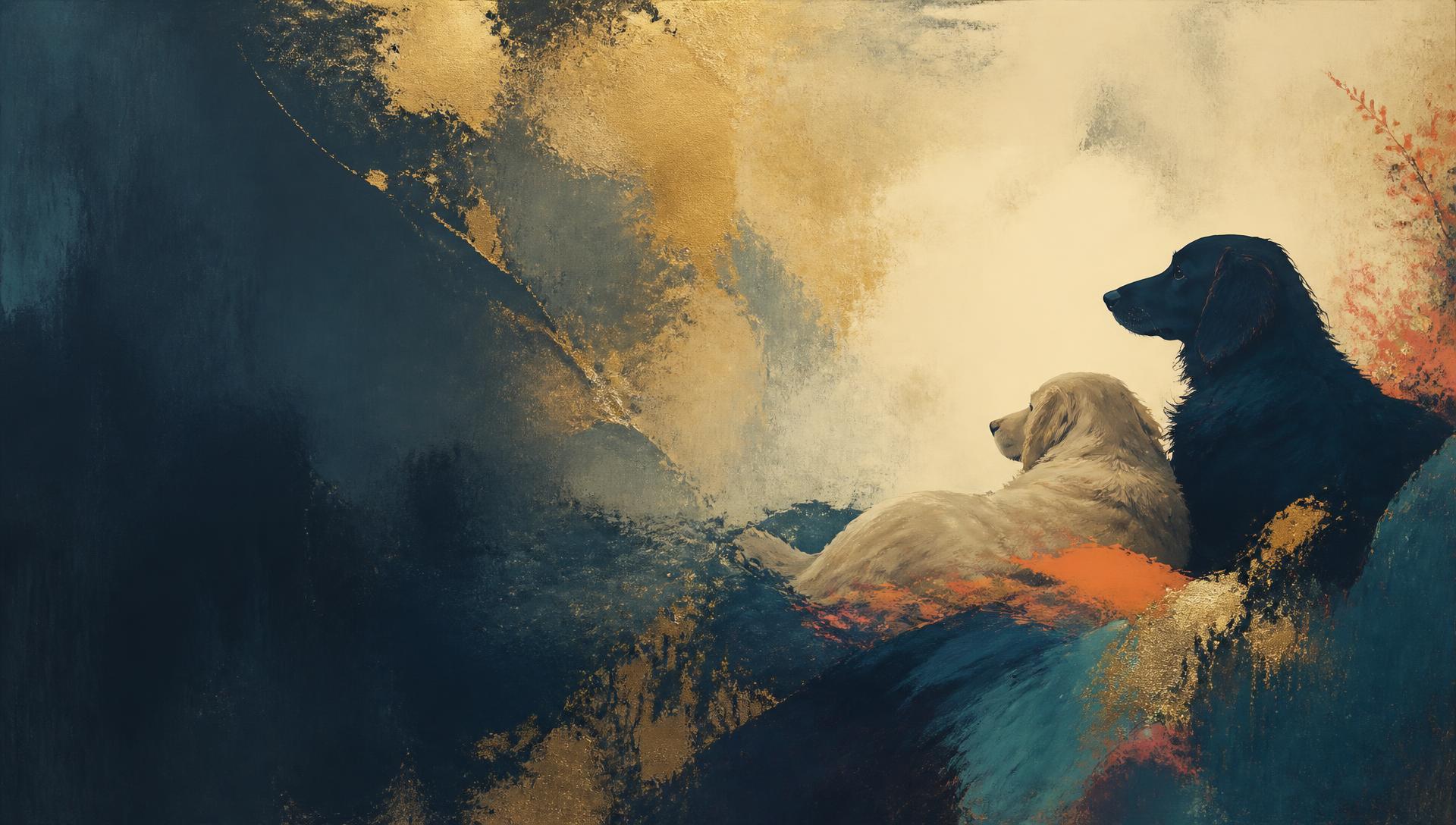 Painted artwork of two dogs resting together in ink navy, cream and gold