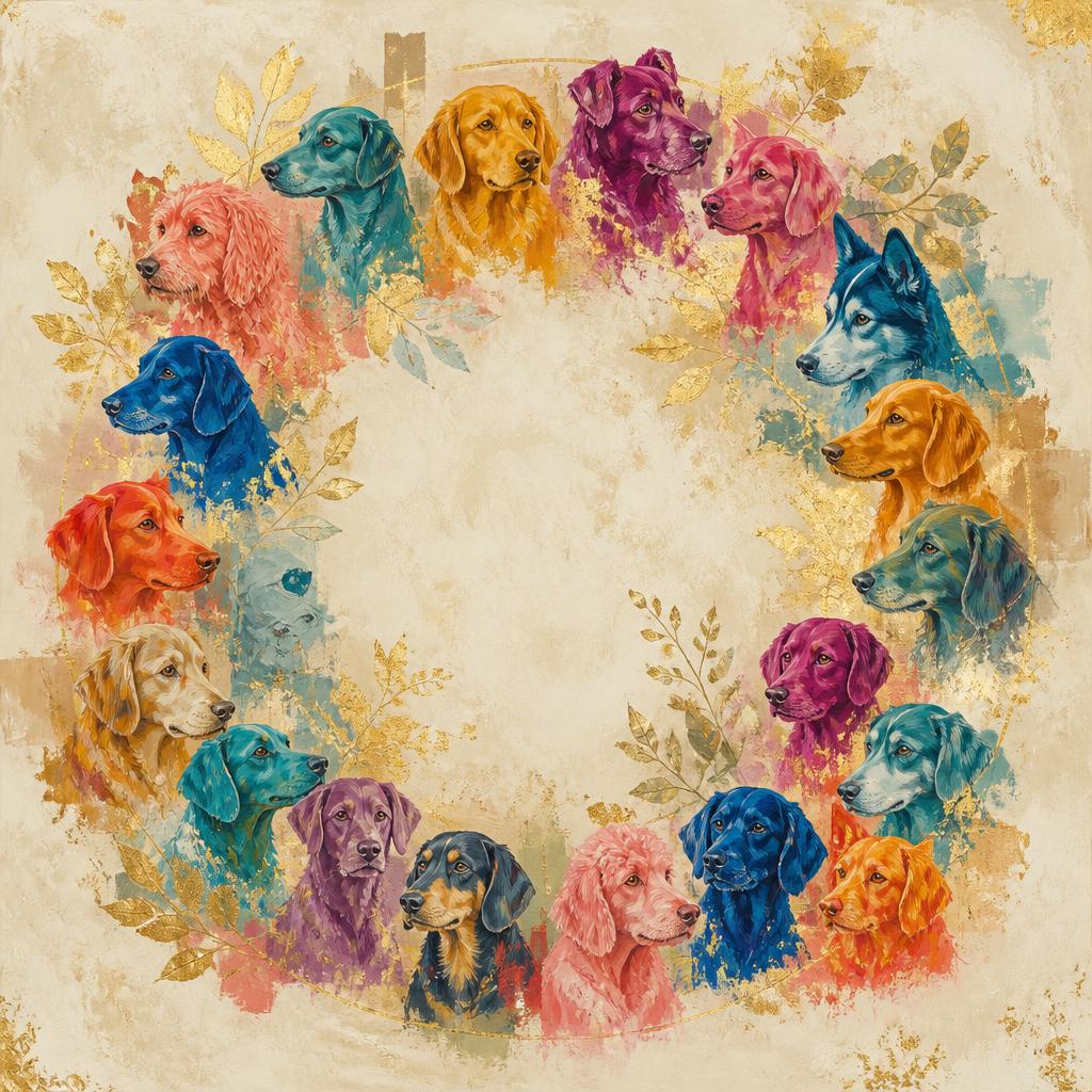 Painted wreath of colourful dog portraits on cream and gold