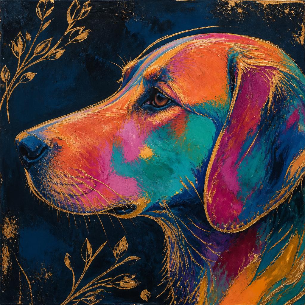 Vivid painted dog portrait in coral, teal and gold