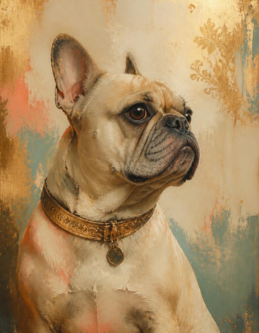 Painted portrait of a bulldog in cream and gold