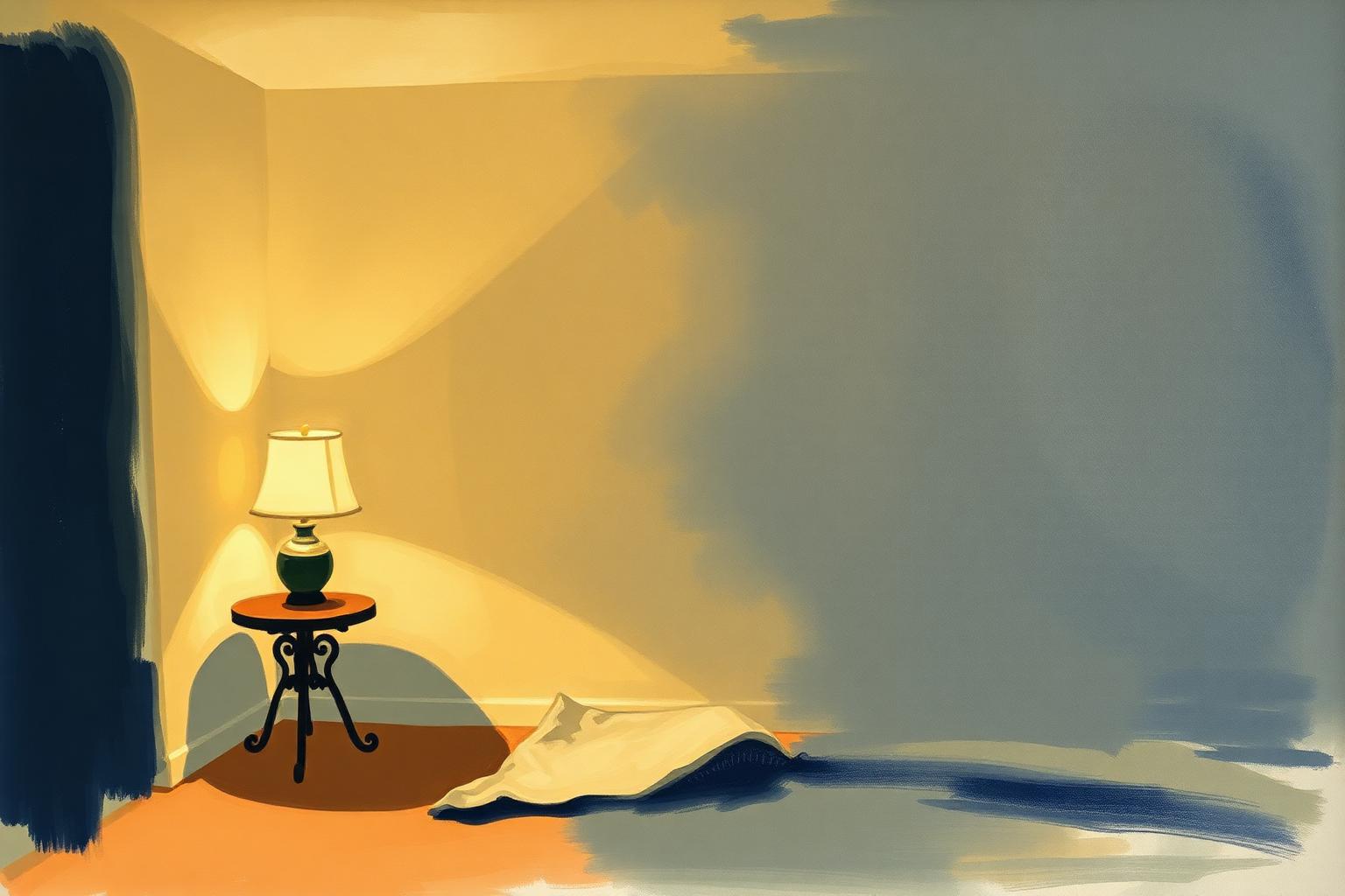 Painted interior of a softly lamplit room with a blanket on the floor
