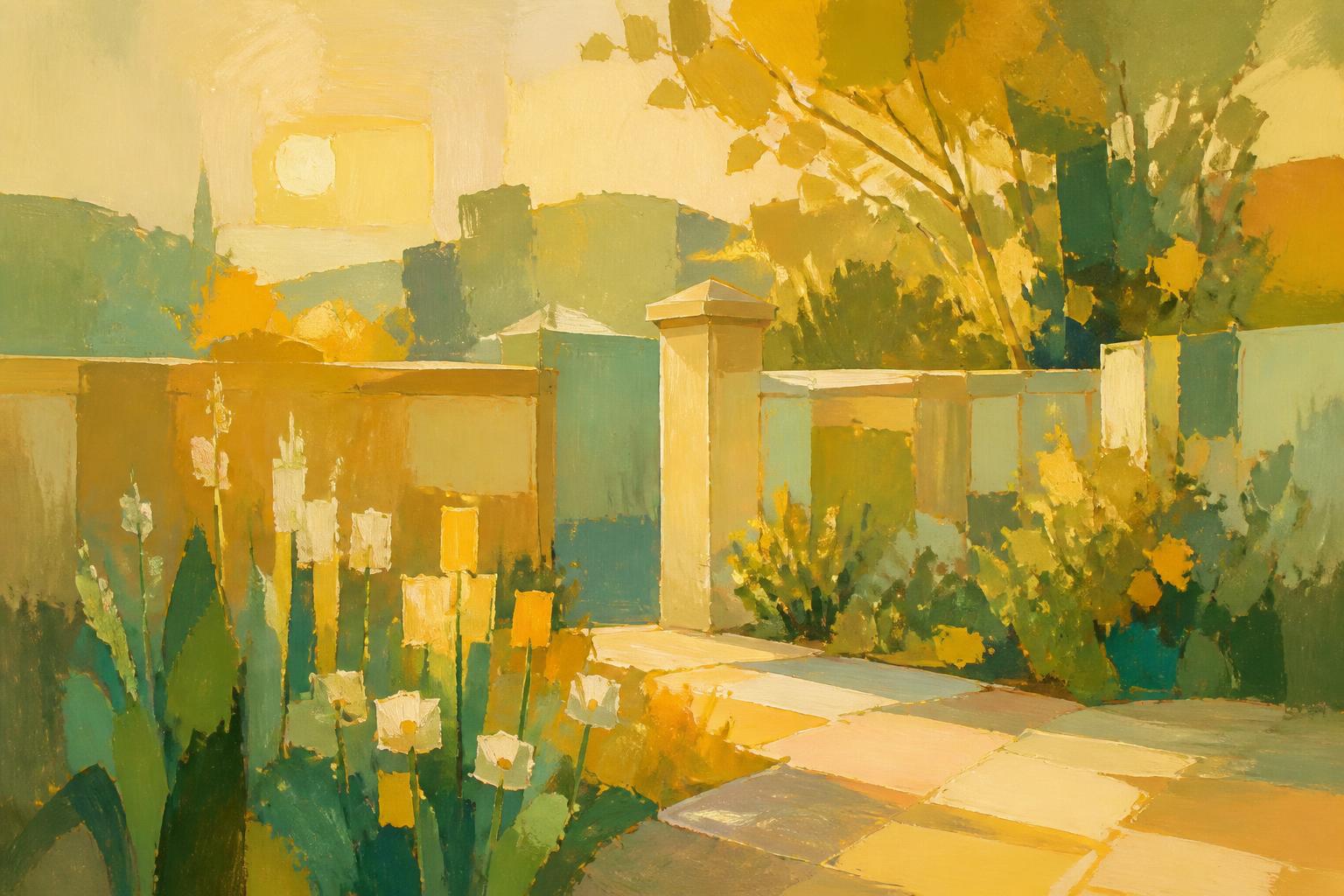 Painted garden and fence line at golden hour